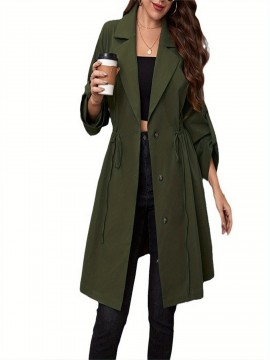 Women Plus Size Casual Coat, Long Sleeve Lapel Collar Button Closure Drawstring Fall Outwear Trendy Clothing for Daily