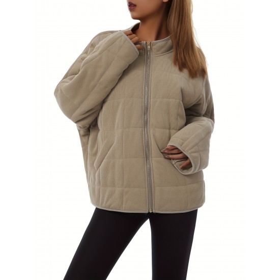 Chic Plus Size Quilted Jacket for Women - Casual Long Sleeve, Full Zip Padded Coat with Stand Collar, Machine Washable - Perfect for Fall/Winter