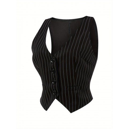 Chic Black Striped V-Neck Sleeveless Waistcoat for Women - Casual & Dressy, Slim Fit Crop Top with Button Detail