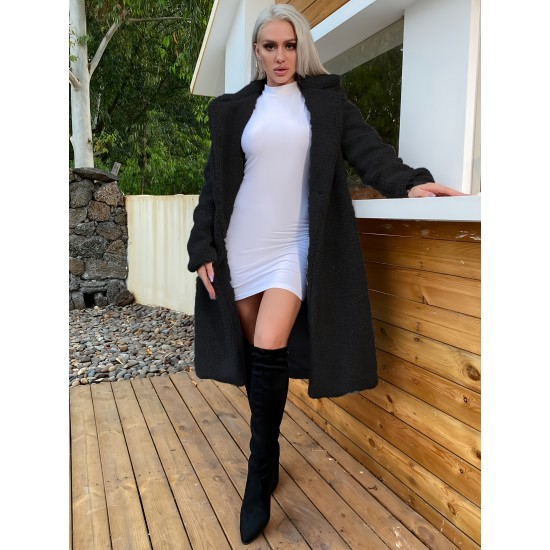 Plus Size Faux Fur Coat, Casual Polyester Non-Stretch Solid Color, with Lapel Collar and Button Details, for Fall/Winter - Knit Fabric Outerwear