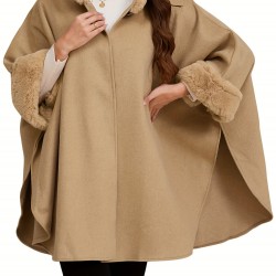 Chic Women's Cloak with Faux Fur Trim - 3/4 Sleeve, Button Closure, V-Neck Outerwear for Casual Wear