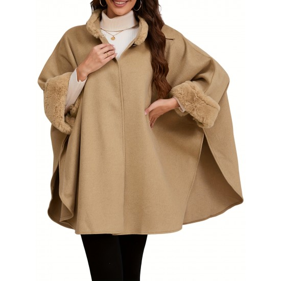 Chic Women's Cloak with Faux Fur Trim - 3/4 Sleeve, Button Closure, V-Neck Outerwear for Casual Wear