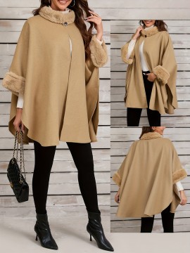 Chic Women's Cloak with Faux Fur Trim - 3/4 Sleeve, Button Closure, V-Neck Outerwear for Casual Wear