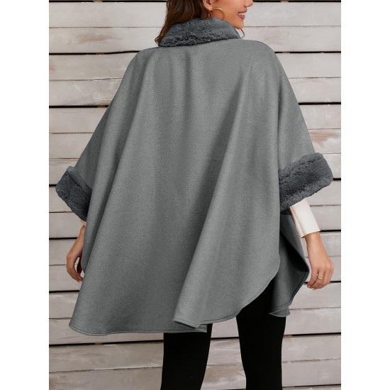 Chic Women's Cloak with Faux Fur Trim - 3/4 Sleeve, Button Closure, V-Neck Outerwear for Casual Wear