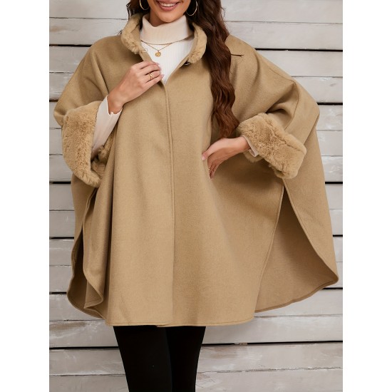 Chic Women's Cloak with Faux Fur Trim - 3/4 Sleeve, Button Closure, V-Neck Outerwear for Casual Wear