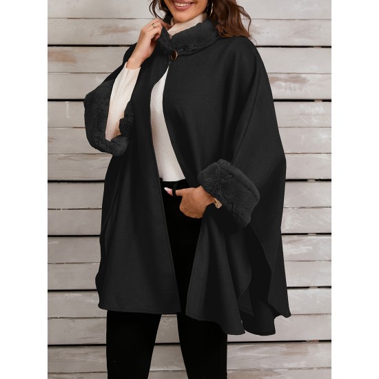 Chic Women's Cloak with Faux Fur Trim - 3/4 Sleeve, Button Closure, V-Neck Outerwear for Casual Wear