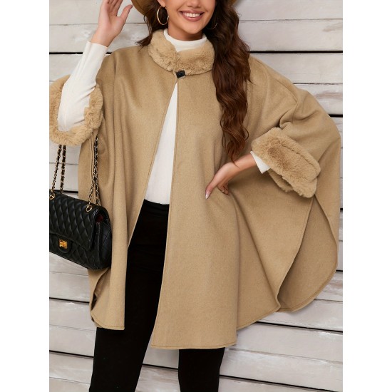 Chic Women's Cloak with Faux Fur Trim - 3/4 Sleeve, Button Closure, V-Neck Outerwear for Casual Wear