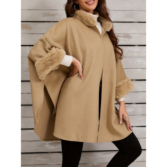 Chic Women's Cloak with Faux Fur Trim - 3/4 Sleeve, Button Closure, V-Neck Outerwear for Casual Wear