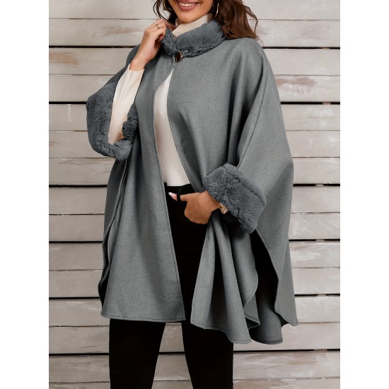 Chic Women's Cloak with Faux Fur Trim - 3/4 Sleeve, Button Closure, V-Neck Outerwear for Casual Wear