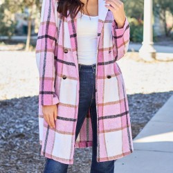 Chic Women's Plaid Long Coat - Double-Breasted, Lapel Collar with Full-Length Sleeves | Warm & Cozy for Fall/Winter | Machine Washable