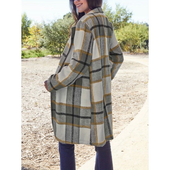 Chic Women's Plaid Long Coat - Double-Breasted, Lapel Collar with Full-Length Sleeves | Warm & Cozy for Fall/Winter | Machine Washable