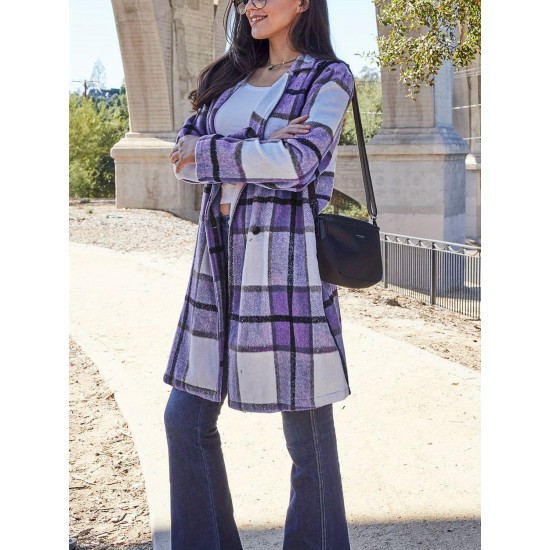 Chic Women's Plaid Long Coat - Double-Breasted, Lapel Collar with Full-Length Sleeves | Warm & Cozy for Fall/Winter | Machine Washable