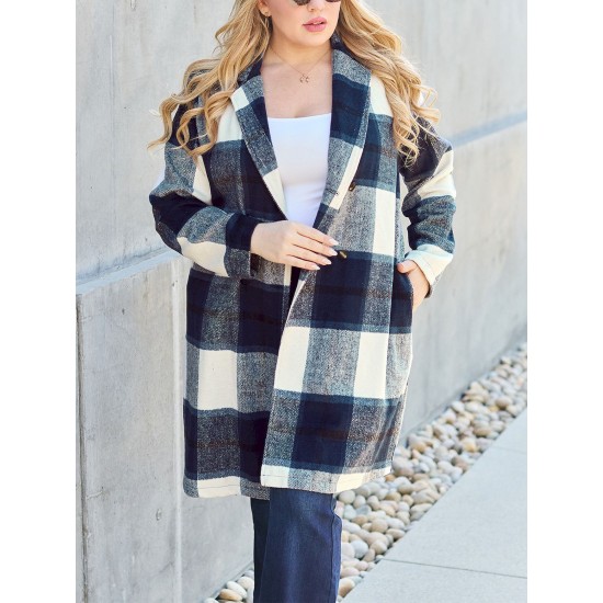 Chic Women's Plaid Long Coat - Double-Breasted, Lapel Collar with Full-Length Sleeves | Warm & Cozy for Fall/Winter | Machine Washable