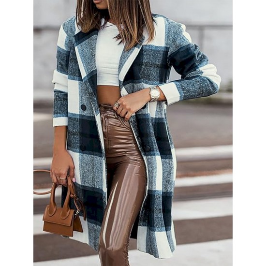 Chic Women's Plaid Long Coat - Double-Breasted, Lapel Collar with Full-Length Sleeves | Warm & Cozy for Fall/Winter | Machine Washable