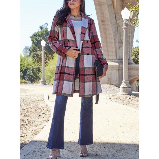 Chic Women's Plaid Long Coat - Double-Breasted, Lapel Collar with Full-Length Sleeves | Warm & Cozy for Fall/Winter | Machine Washable