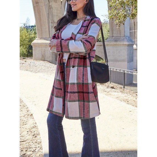 Chic Women's Plaid Long Coat - Double-Breasted, Lapel Collar with Full-Length Sleeves | Warm & Cozy for Fall/Winter | Machine Washable