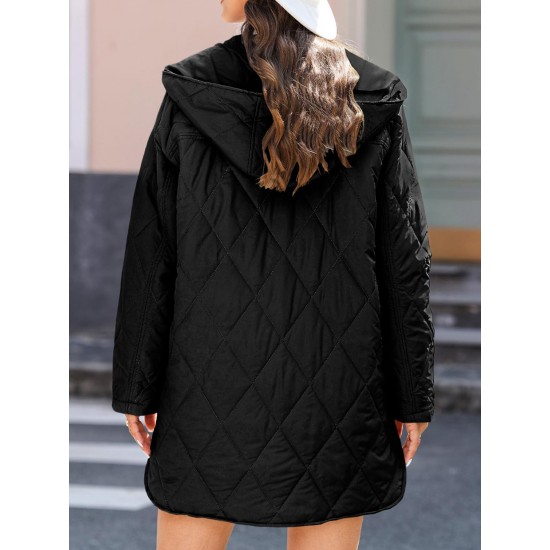 Effortless Style, Chic Plus Size Women's Hooded Winter Coat - Lightweight, Quilted Diamond Design, Casual Long Sleeve Jacket for Fall/Winter