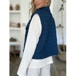 Women’s Casual Vest Coat Basic Quilted Pocketed Texture Snap Down Vest Navy Black Sleeveless Snap-Button Relaxed Fit Collared Cropped Outerwear with Diamond Pattern Spring/ Fall/ Winter Layering Piece for Outdoor Activities