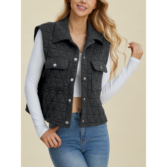 Women’s Casual Vest Coat Basic Quilted Pocketed Texture Snap Down Vest Navy Black Sleeveless Snap-Button Relaxed Fit Collared Cropped Outerwear with Diamond Pattern Spring/ Fall/ Winter Layering Piece for Outdoor Activities