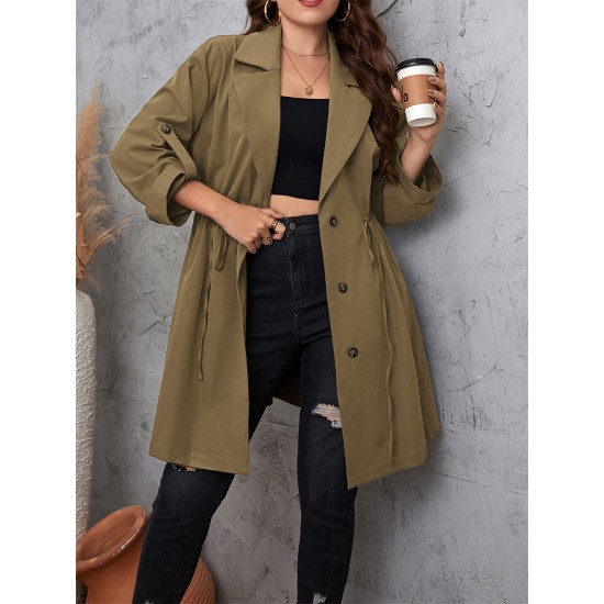 Elegant Plus Size Women's Jacket - Long Sleeve, Lapel Collar with Drawstring Waist, Button Closure - Machine Washable Fall Outerwear