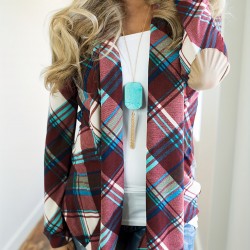 Women Plus Size Plaid Cardigan Coats Casual Long Sleeve Asymmetric Open Front Elbow Patch Lapel Outwear