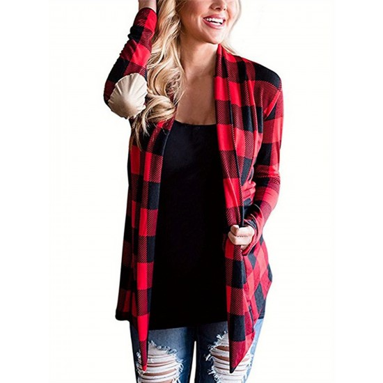 Women Plus Size Plaid Cardigan Coats Casual Long Sleeve Asymmetric Open Front Elbow Patch Lapel Outwear