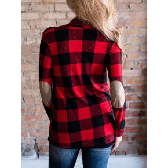 Women Plus Size Plaid Cardigan Coats Casual Long Sleeve Asymmetric Open Front Elbow Patch Lapel Outwear