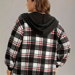 1pc Plus Size Women'S Casual Gingham Hooded Jacket - Polyester Blend, Slight Stretch, Woven Zip-Up Hoodie for Spring/Fall