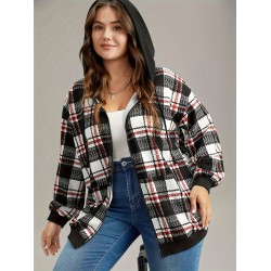 1pc Plus Size Women'S Casual Gingham Hooded Jacket - Polyester Blend, Slight Stretch, Woven Zip-Up Hoodie for Spring/Fall