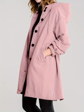 Casual Hooded Trench Coat for Women, Long Sleeve Polyester Blend Jacket with Button Closure, Slight Stretch Solid Color Coat with Pockets for Spring/Fall