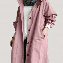 Casual Hooded Trench Coat for Women, Long Sleeve Polyester Blend Jacket with Button Closure, Slight Stretch Solid Color Coat with Pockets for Spring/Fall