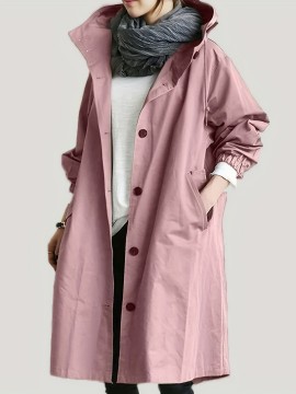 Casual Hooded Trench Coat for Women, Long Sleeve Polyester Blend Jacket with Button Closure, Slight Stretch Solid Color Coat with Pockets for Spring/Fall