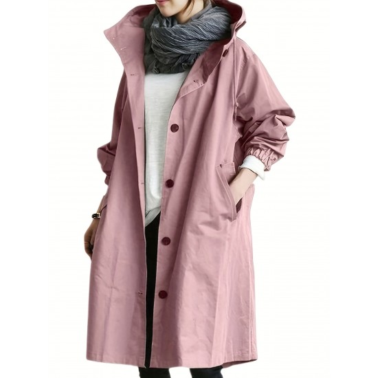 Casual Hooded Trench Coat for Women, Long Sleeve Polyester Blend Jacket with Button Closure, Slight Stretch Solid Color Coat with Pockets for Spring/Fall