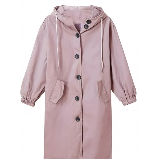 Casual Hooded Trench Coat for Women, Long Sleeve Polyester Blend Jacket with Button Closure, Slight Stretch Solid Color Coat with Pockets for Spring/Fall