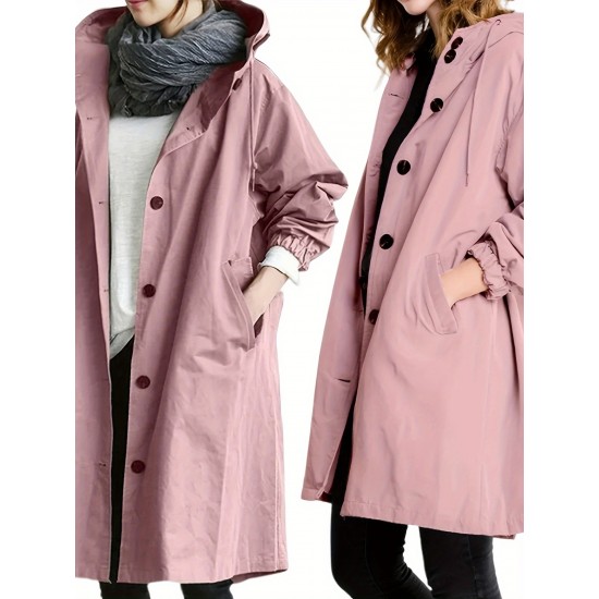 Casual Hooded Trench Coat for Women, Long Sleeve Polyester Blend Jacket with Button Closure, Slight Stretch Solid Color Coat with Pockets for Spring/Fall