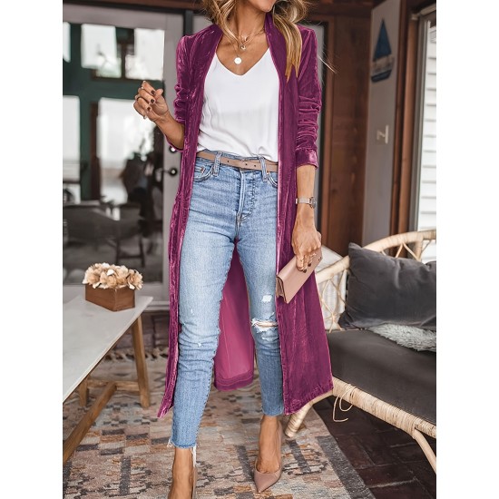 Plus Size Elegant Long Sleeve Velvet Cardigan - Soft Slight Stretch Polyester Material, Casual Open Front Design, Perfect for Fall and Winter - Womens Cozy Trench Coat Style Clothing