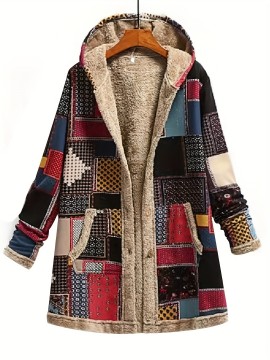 Autumn And Winter Women's Coat Warm Polyester National Style Print Hooded Casual Pocket Single-breasted Long-sleeved Women's Coat Daily Wear