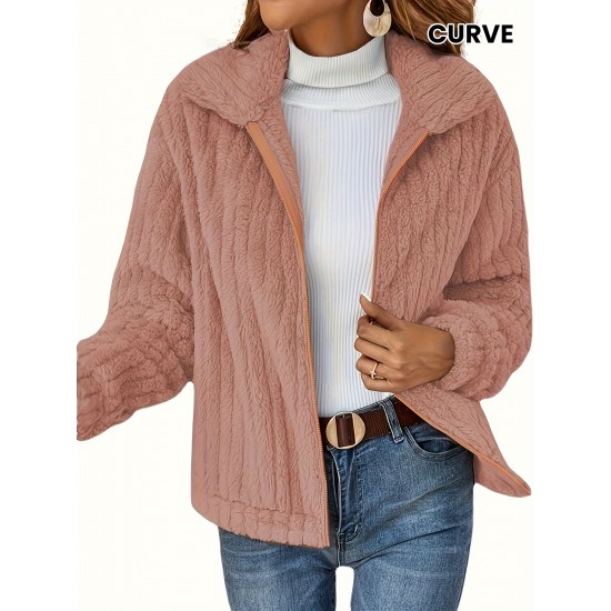 Women's Plus Size Teddy Fleece Coat - Warm And Cozy Long Sleeve Jacket With Ribbed Detail And Lapel Collar