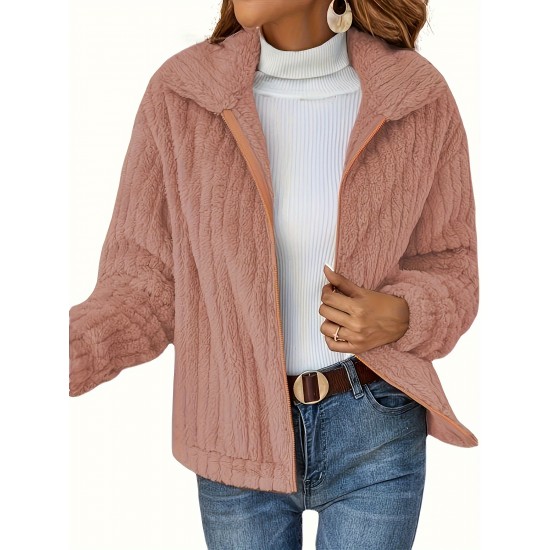 Women's Plus Size Teddy Fleece Coat - Warm And Cozy Long Sleeve Jacket With Ribbed Detail And Lapel Collar