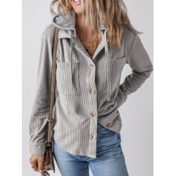 Plus Size Hooded Corduroy Shacket Jacket, Casual Polyester Blend Coat, Solid Color Block Design, Non-Stretch Fabric, with Drawstring, Button Down Vest for Spring/Fall