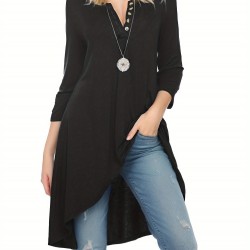 Plus Size Women's Casual Tunic Top - Button-Up Crew Neck, 3/4 Sleeve, Stretchy Polyester Blend, Machine Washable