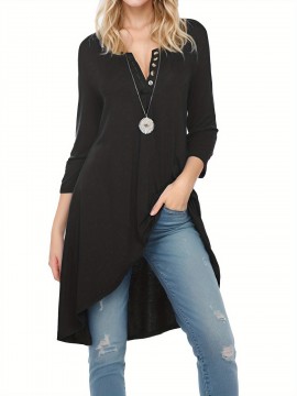 Plus Size Women's Casual Tunic Top - Button-Up Crew Neck, 3/4 Sleeve, Stretchy Polyester Blend, Machine Washable