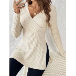 Elegant V-Neck Ribbed Knit Top for Women - Long Sleeve, Solid Color with Side Slit, Machine Washable - Perfect for Fall/Winter