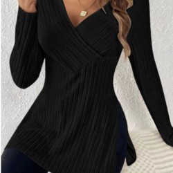 Elegant V-Neck Ribbed Knit Top for Women - Long Sleeve, Solid Color with Side Slit, Machine Washable - Perfect for Fall/Winter