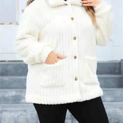 Plus Size Women'S Winter Jacket, Casual Lapel Collar, Cotton Blend, Slight Stretch, Solid Color, Reversible Plush Long Sleeve Cardigan Coat for Outwear Streetwear