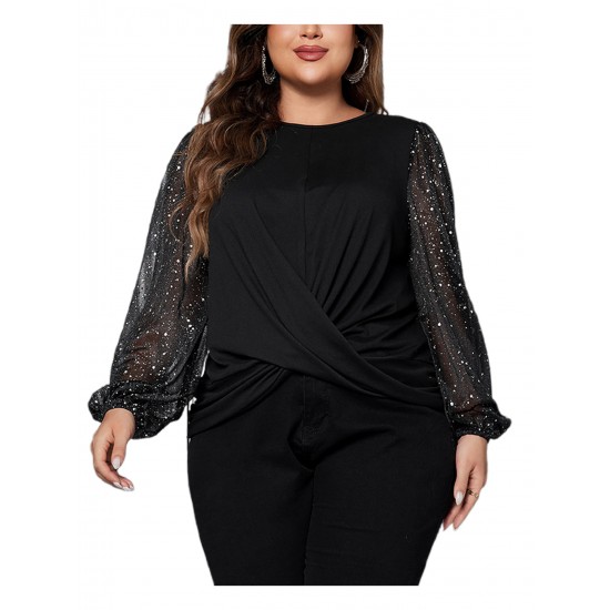 1pc Women'S Plus Size Casual Round Neck Long Sleeve Blouse with Cross Wrap Design, Polyester Fabric, Spring/Autumn Season, Basic Solid Color Top with Bubble Detail