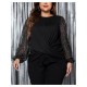 1pc Women'S Plus Size Casual Round Neck Long Sleeve Blouse with Cross Wrap Design, Polyester Fabric, Spring/Autumn Season, Basic Solid Color Top with Bubble Detail