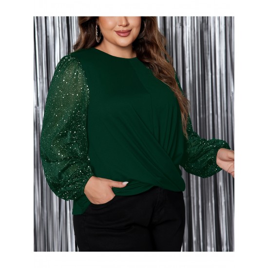 1pc Women'S Plus Size Casual Round Neck Long Sleeve Blouse with Cross Wrap Design, Polyester Fabric, Spring/Autumn Season, Basic Solid Color Top with Bubble Detail