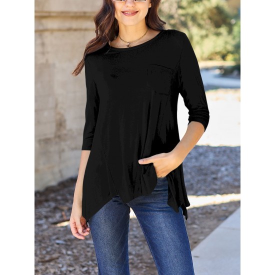 Soft & Stretchy Women's Casual T-Shirt - Solid Pink with Asymmetrical Hem, Round Neck, and Pocket Detail - Perfect for Spring/Summer