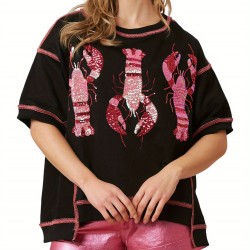 Women's Glitter Sequin Lobster & Crawfish Print T-Shirt - Casual Short Sleeve, Round Neck Top for Summer